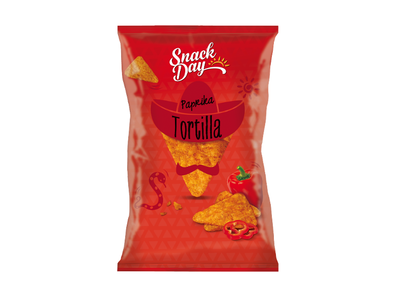 Rote Paprika-Tortilla-Chips-Tüte mit mexikanischen Motiven.