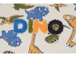 Nahaufnahme von Kinderkleidung mit Dinosaurier-Print und strukturiertem 'DINO'-Schriftzug