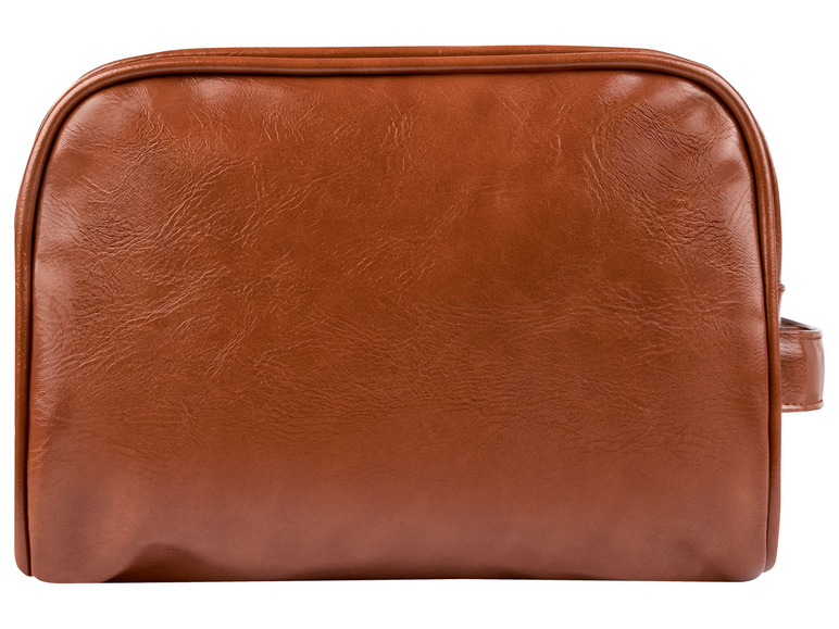 Eine braune Kosmetiktasche aus Kunstleder.