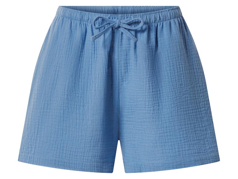 Blaue Damen-Baumwollshorts mit elastischem Bund und Kordelzug.