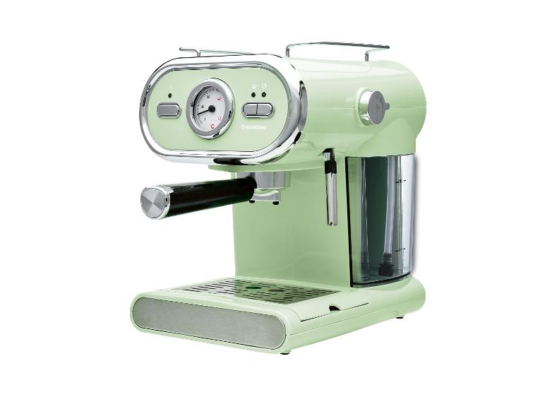 Mintgrüne Espressomaschine mit Manometer und transparentem Wassertank.