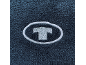 Gesticktes T-Logo in einem Oval auf dunkelblauem Frotteestoff.