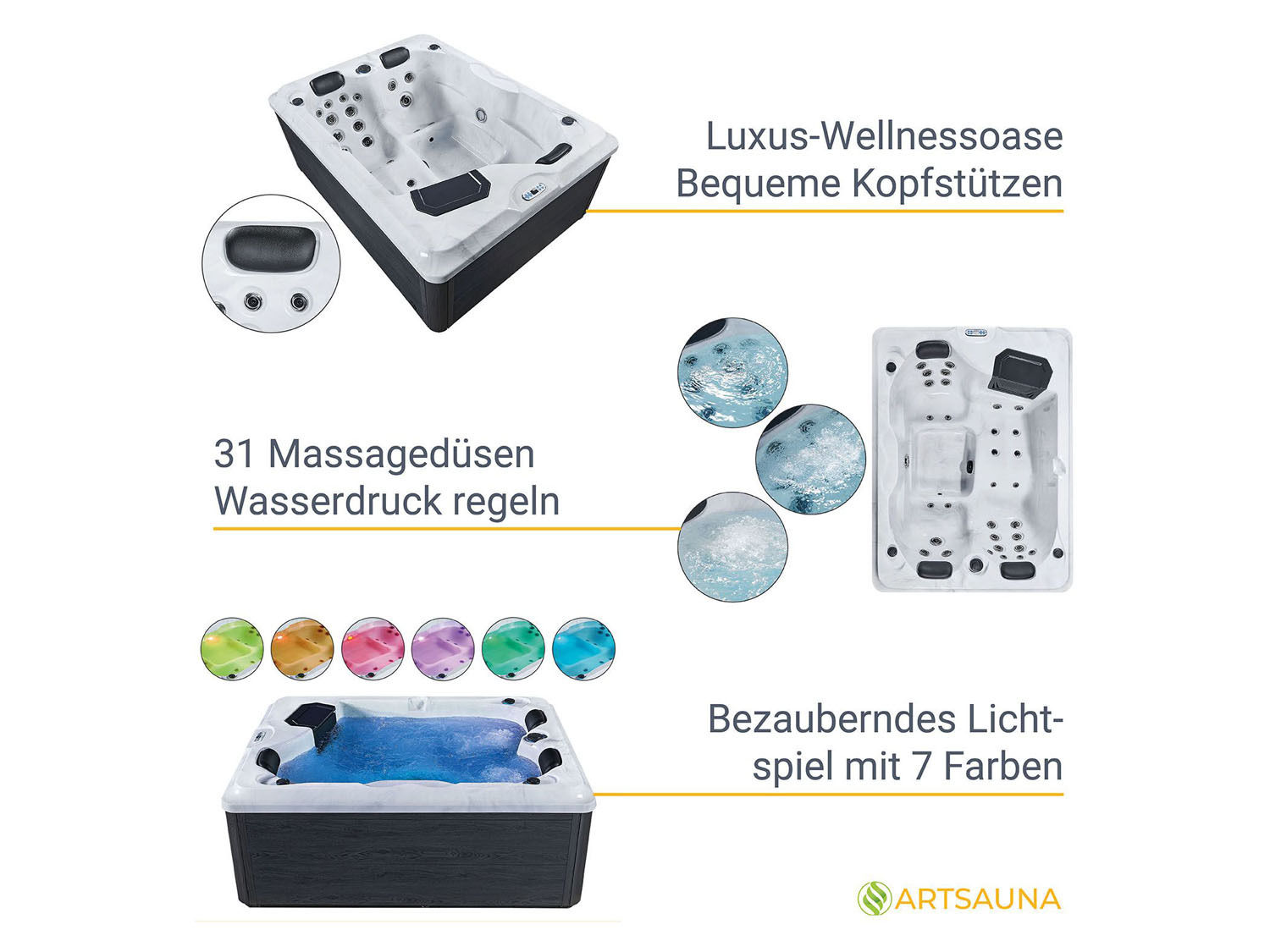 Artsauna Whirlpool LED-L… »Oasis«, 31 Massagedüsen, mit