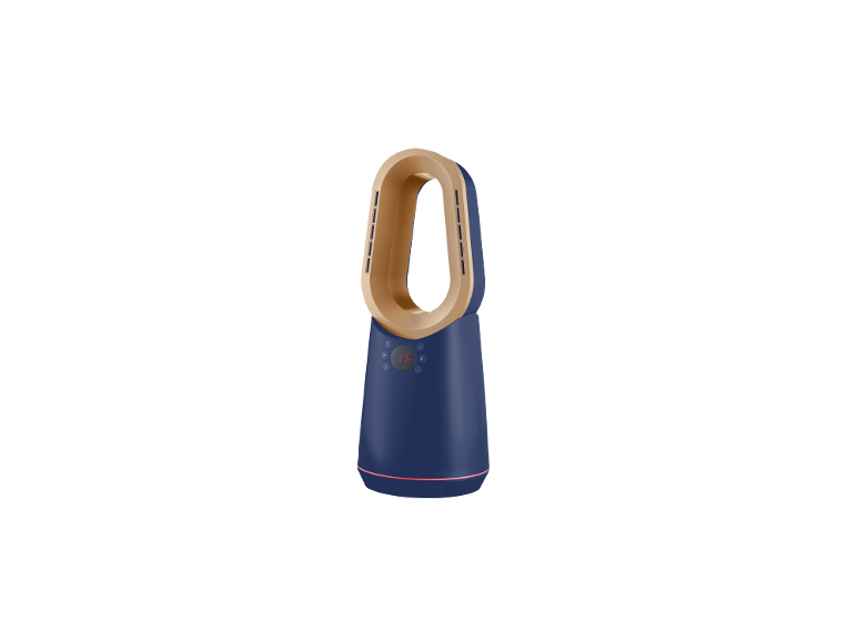 Ein moderner, blattloser Ventilator in Dunkelblau und Gold mit digitaler Anzeige '17'.