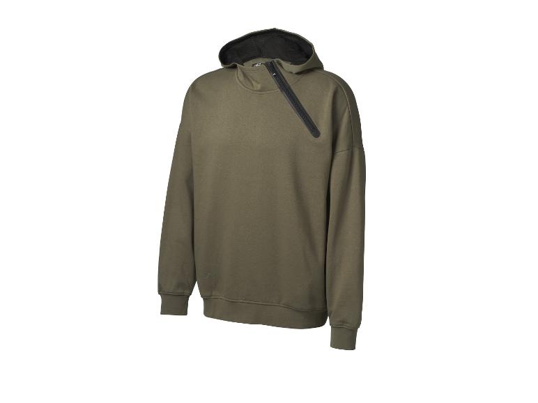 Olivgrüner Hoodie mit asymmetrischem Reißverschluss und schwarzer Kapuze.