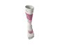 Weiß-rosa Sportsocke mit Streifenmuster und Schriftzug.