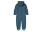 Ein dunkelblauer Regenoverall mit Kapuze für Kinder.