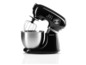 Eine schwarze Gourmetmaxx Küchenmaschine mit einer Edelstahlschüssel und einem Schneebesen.