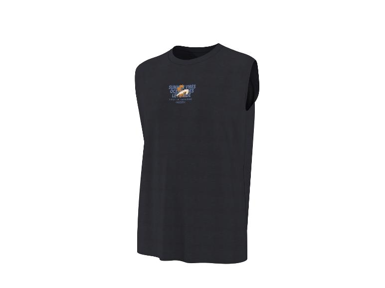 Schwarzes ärmelloses T-Shirt mit „SUMMER VIBES OCEAN BREEZE LOST IN PARADISE“-Aufdruck.
