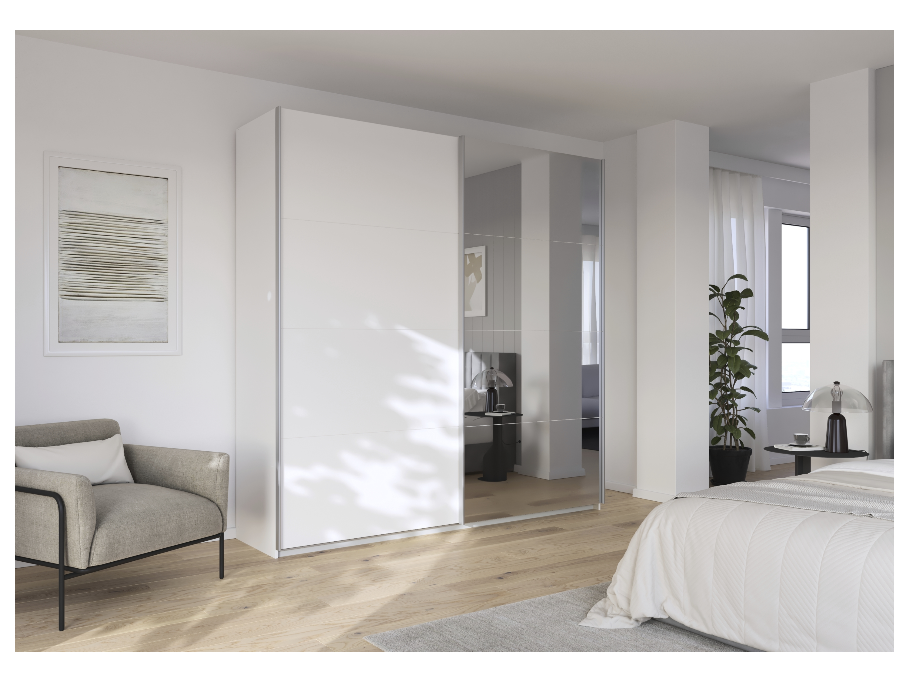 RAUCH ORANGE Quadra Schwebetürenschrank mit Spiegelelementen (Premium-Zubehör, Korpus Weiß, 226 x 230 cm) – Bild 2 von 4
