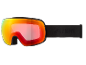 Skibrille mit orange-roten verspiegelten Gläsern und schwarzem Band.