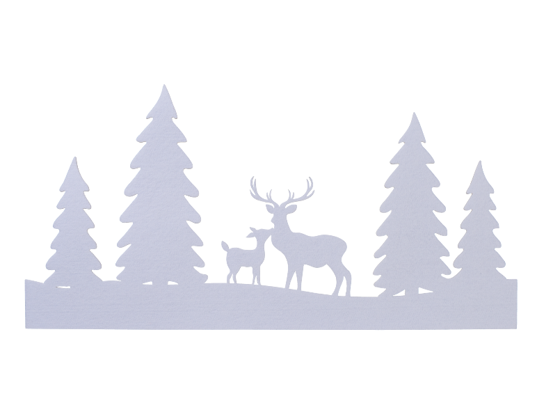 Dekorative hölzerne Weihnachtssilhouette mit Hirschen und Tannen.