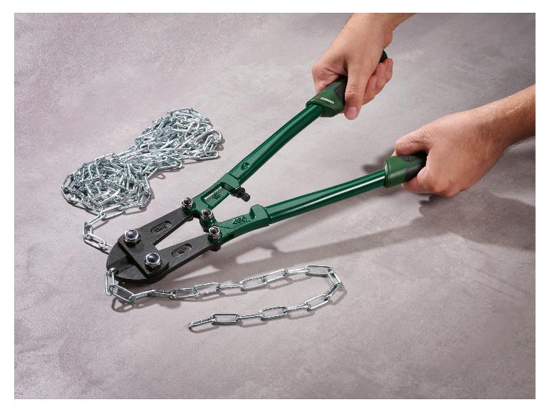 Grüner Parkside Bolzenschneider mit einer Metallkette auf grauem Untergrund