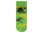 Grüne Socken mit Camouflage-Muster und einem Dinosaurier-Logo.