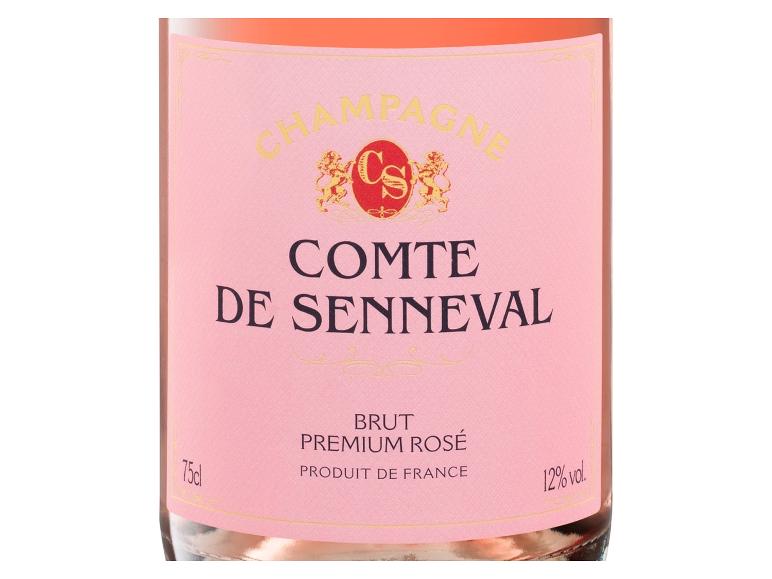 Rosa Etikett von Comte de Senneval Brut Premium Rosé Champagner.