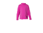 Rosa Langarm-Rollkragenshirt mit kleinem schwarzem Blumendetail.