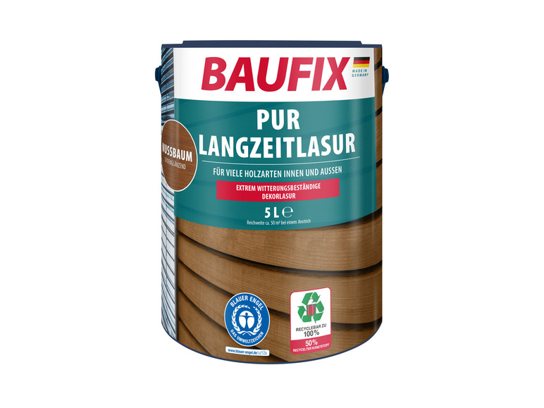 Ein Eimer Baufix Holzlasur in der Farbe Nussbaum.