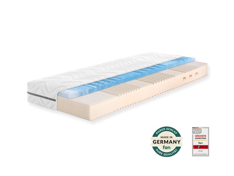Aufgeschnittene Matratze mit Komfortschichten und deutschen Qualitätssiegeln.