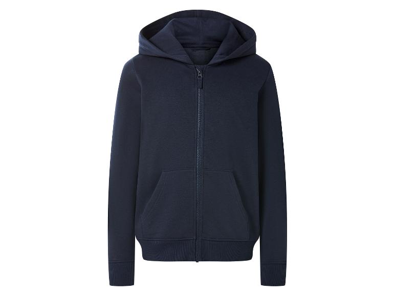 Dunkelblauer Kapuzenpullover mit Reißverschluss und Taschen.