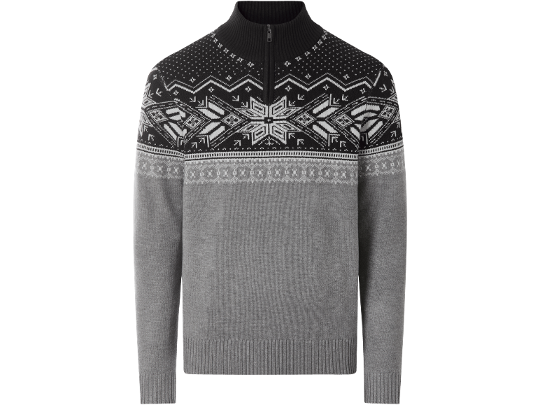 Herren Fair-Isle-Strickpullover mit Halb-Reißverschlusskragen in Schwarz, Weiß und Grau.