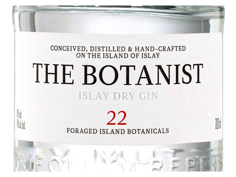 The Botanist Islay Dry Gin Flasche mit Etikett „22 Foraged Island Botanicals“.