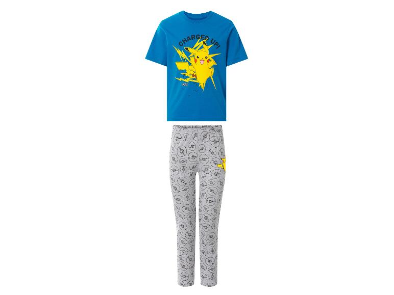 Blauer und grauer Kinderpyjama mit Cartoon-Charakter-Print und „CHARGED UP!“-Text.