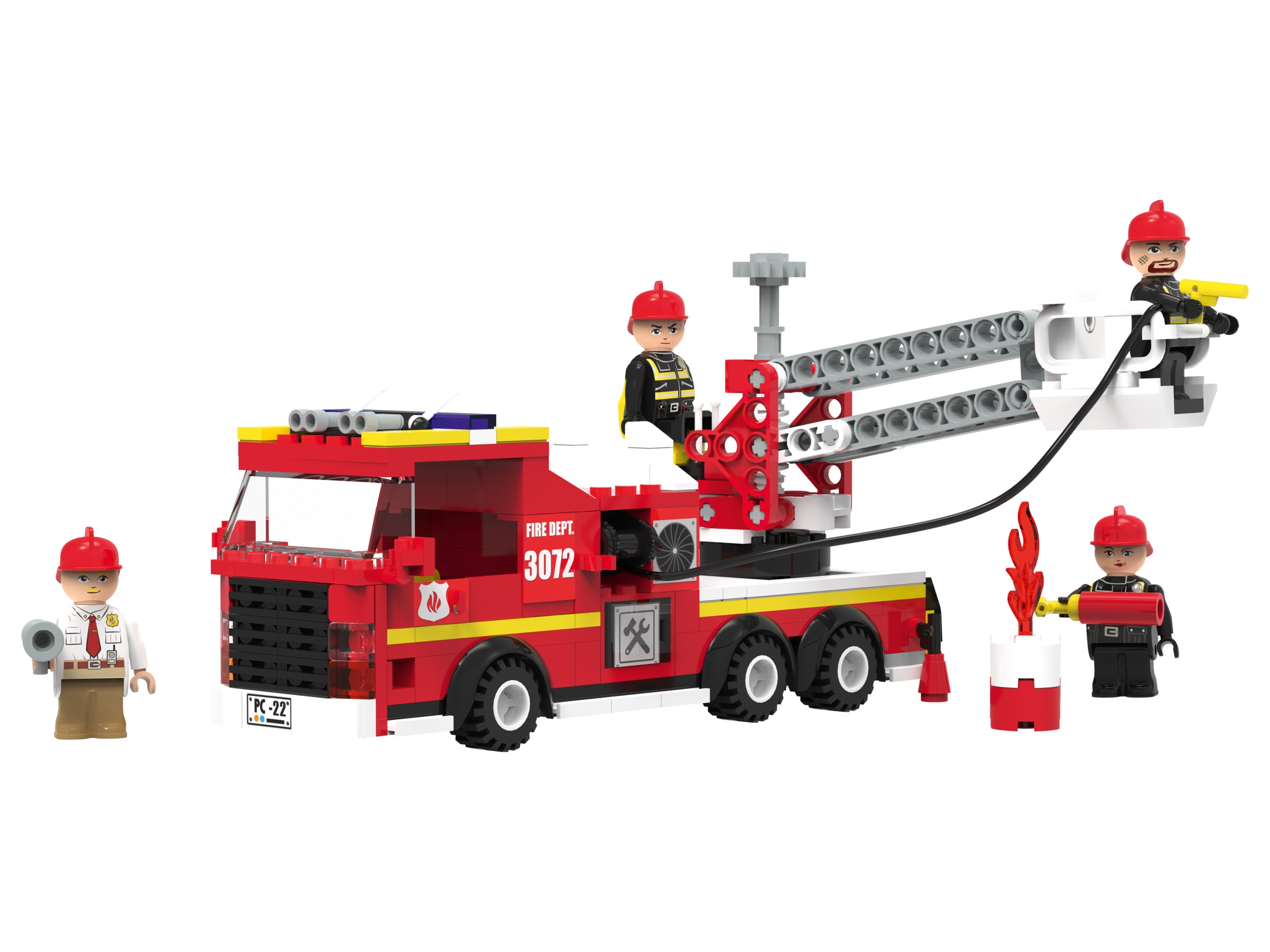 Playtive Clippys Set M (Feuerwehrleiterwagen)““ | Fantasie und Interaktion 4 Figuren und viele Accessoires Kompatibel mit allen handelsüblichen Klemmsteinen Altersempfehlung: ab 5 Jahren Polizeitruck: Mit aufklappbarem Hightech-Überwachungsraum Auflieger abkoppelbar Gefängnis und großzügiger Stauraum 489-teilig Feuerwehr Leiterwagen: Mit schwenkbarer Drehleiter Löschvorrichtung und großzügigem Stauraum 306-teilig Bagger: Mit 360° Rotierfunktion und beweglicher Schaufel Aufklappbares Führerhaus mit Motorklappe 275-teilig Stunt Lkw: Zugmaschine mit aufklappbarem Motorraum und Anhänger mit streckbarer Stuntrampe Inklusive Minibuggy 480-teilig Produktmerkmale tabletd Anzahl Teile: 489 / 306 / 275 / 480 Maßstab: – Altersempfehlung: ab 5 Jahren Batterien benötigt: nein Batterien enthalten: nein Lieferumfang: 1x Clippys Set Warnhinweis: Achtung. Nicht für Kinder unter 36 Monaten geeignet. Erstickungsgefahr, da kleine Teile verschluckt oder eingeatmet werden können.““
