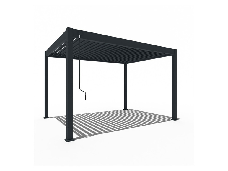 Eine schwarze Pergola mit manueller Steuerung.
