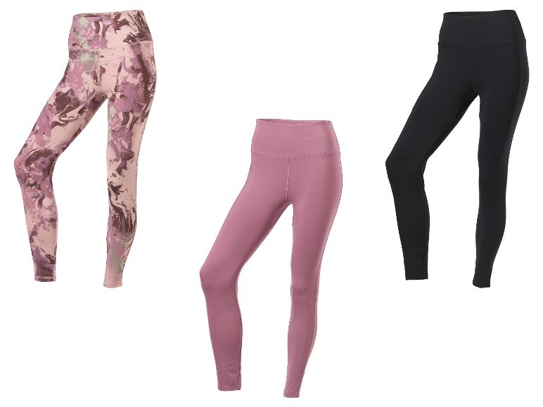 Drei Paar Damen-Leggings: rosa mit Marmormuster, einfarbig rosa und schwarz.