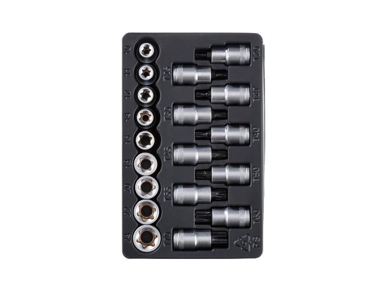 Ein Satz silberner Torx- und E-Typ-Steckschlüssel in einem schwarzen Etui.