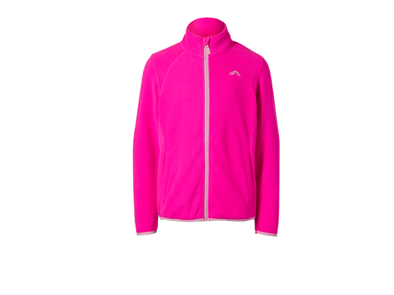 Fuchsiafarbene Fleecejacke mit Reißverschluss und Stehkragen.