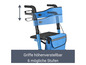 Ein blauer Rollator mit verstellbaren Griffen und Sitz.