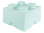 Eine hellblaue LEGO Aufbewahrungsbox in Form eines großen LEGO-Steins.
