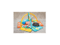 Baby liegt auf einer bunten Spielmatte mit hängendem Spielzeug.