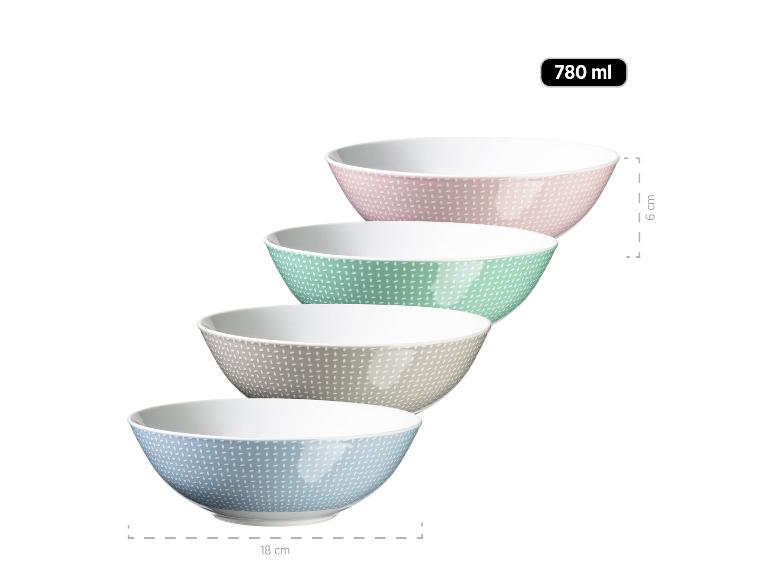 Set aus vier gemusterten Keramikschalen in Pastellfarben, 780 ml Fassungsvermögen, 18 cm Durchmesser, 6 cm Höhe.