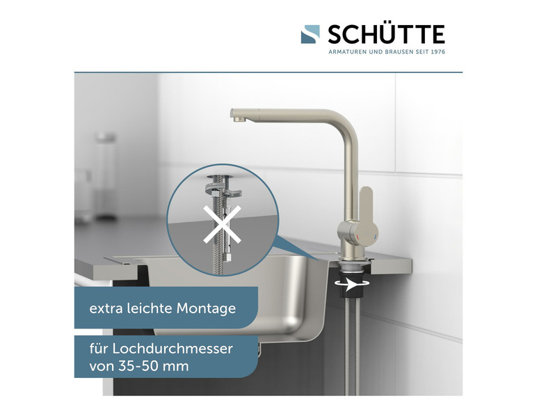 Nahaufnahme eines Schütte-Wasserhahns mit einfachem Installationssystem für ein Waschbecken.