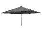 Dunkelgrauer Sonnenschirm mit Mittelstange, geöffnet vor weißem Hintergrund.