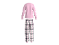 Rosa Langarmshirt und karierte Pyjamahose Set.