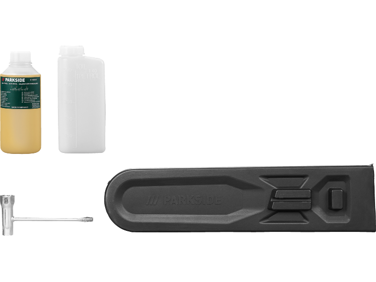 Parkside Kettensägenzubehör inklusive Öl, Kraftstoffmischflasche und Schwertschutz.
