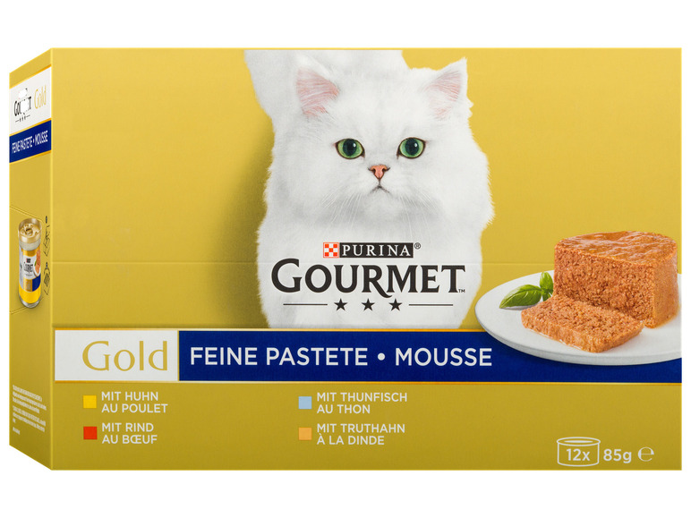 Gehe zu Vollbildansicht: Gourmet Gold Katzennassnahrung Feine Pastete Huhn/Thunfisch/Truthahn/Rind Multipack, 12x 85g - Bild 1