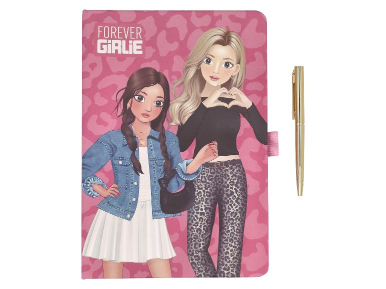 Notizbuch mit „FOREVER GIRLIE“-Text, zwei Cartoon-Mädchen und einem goldenen Stift.