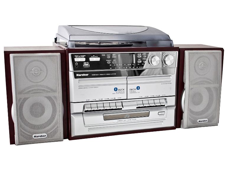 Stereoanlage mit Plattenspieler, Doppelkassettendeck, CD-Player und Radio.