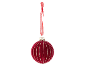 Rote Samt-Weihnachtskugel mit Glitzerstreifen und rotem Band.