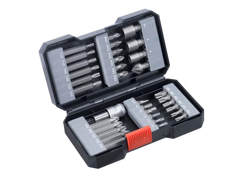 Schraubendreher-Bit-Set mit verschiedenen Torx-, Phillips- und Pozidriv-Bits, in schwarzer Box.