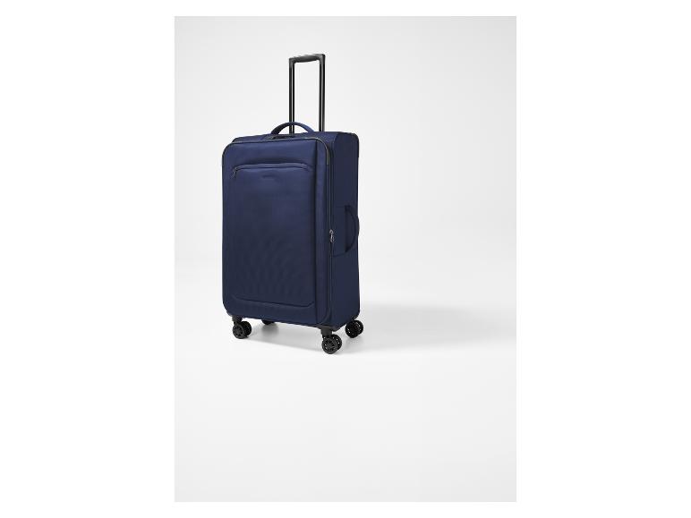 Blauer Reisekoffer mit Rollen und ausziehbarem Griff.