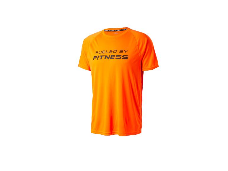Orangefarbenes Crivit Sport-T-Shirt mit dem Schriftzug „FUELED BY FITNESS“.
