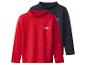 Zwei langärmelige Rollkragenpullover, ein roter und ein dunkelblauer.