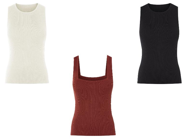 Gerippte Tanktops: creme, schwarz und rostbraun.