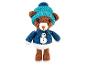 Gehäkelter Bär mit blauer Mütze und Pullover mit Schneemann.