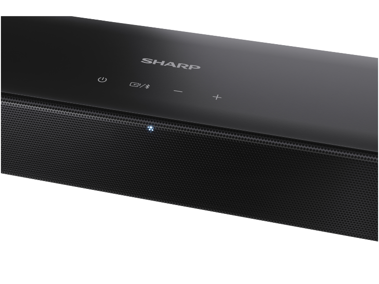 Schwarze Soundbar mit Touch-Bedientasten und Lautsprechergitter.